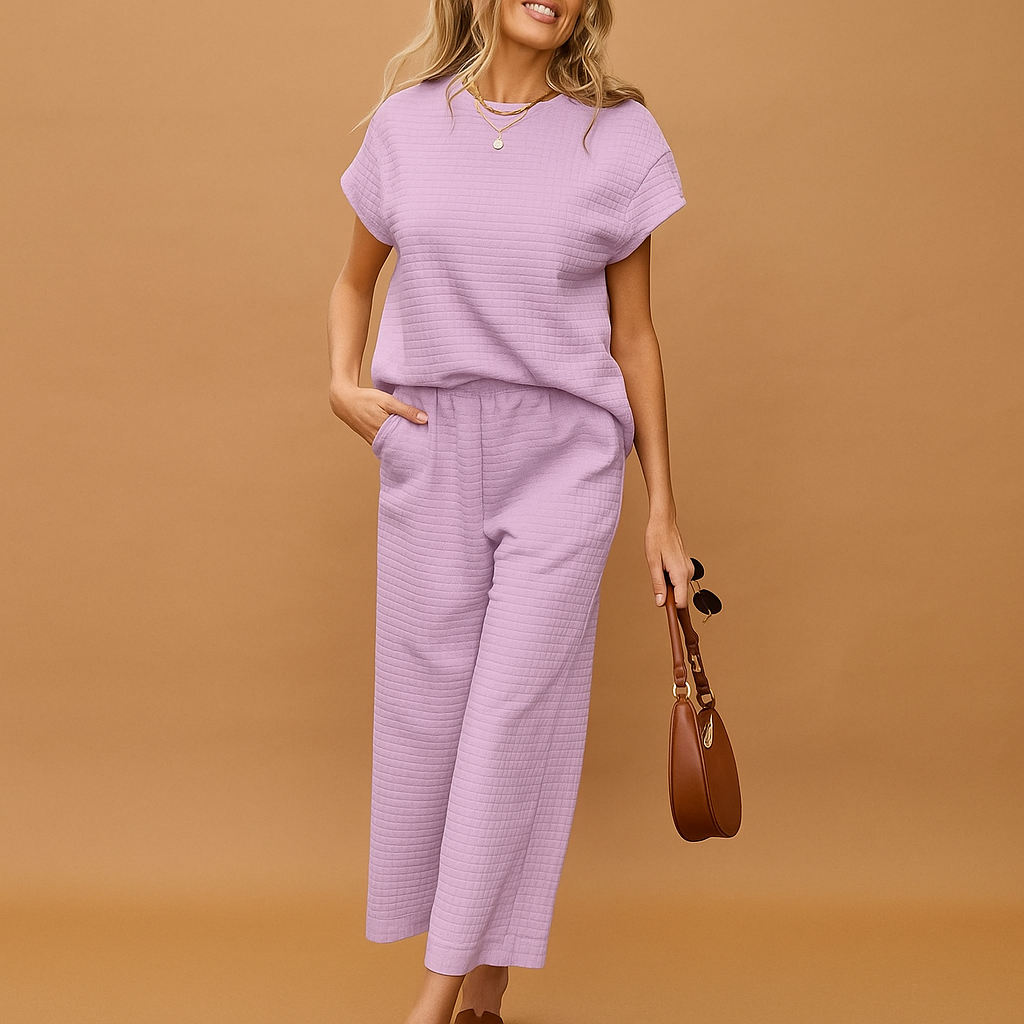 Dames Casual Textured Lounge Set met Wijde Broek – Comfortabele Twee-Piece Set voor Ontspanning