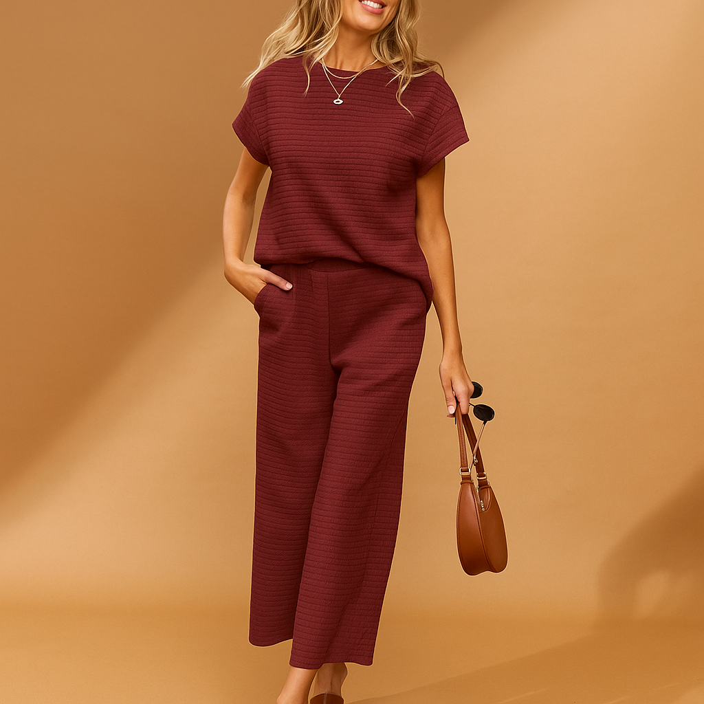 Dames Casual Textured Lounge Set met Wijde Broek – Comfortabele Twee-Piece Set voor Ontspanning
