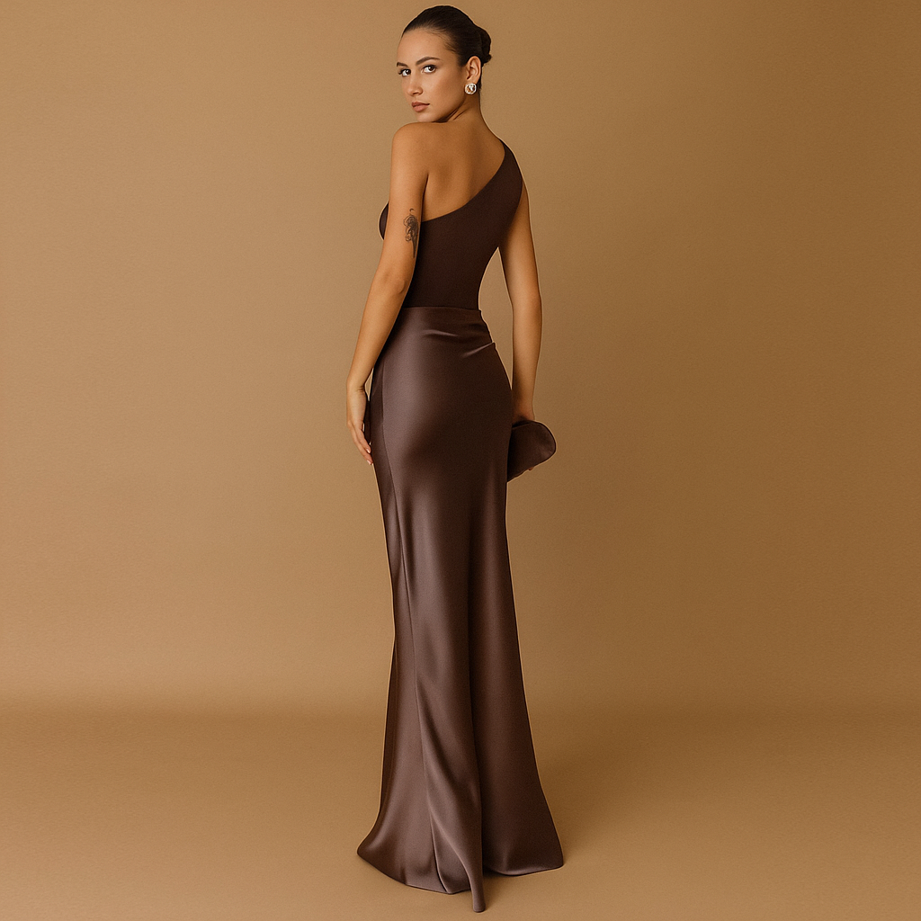 Eén-Schouder Geplooide Maxi-jurk – Elegantie in Elke Stap