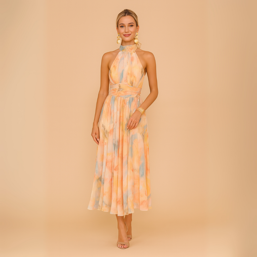 Maxi-jurk met Halternek en Aquarelprint – Elegante Zomerjurk met Vloeiende Pasvorm