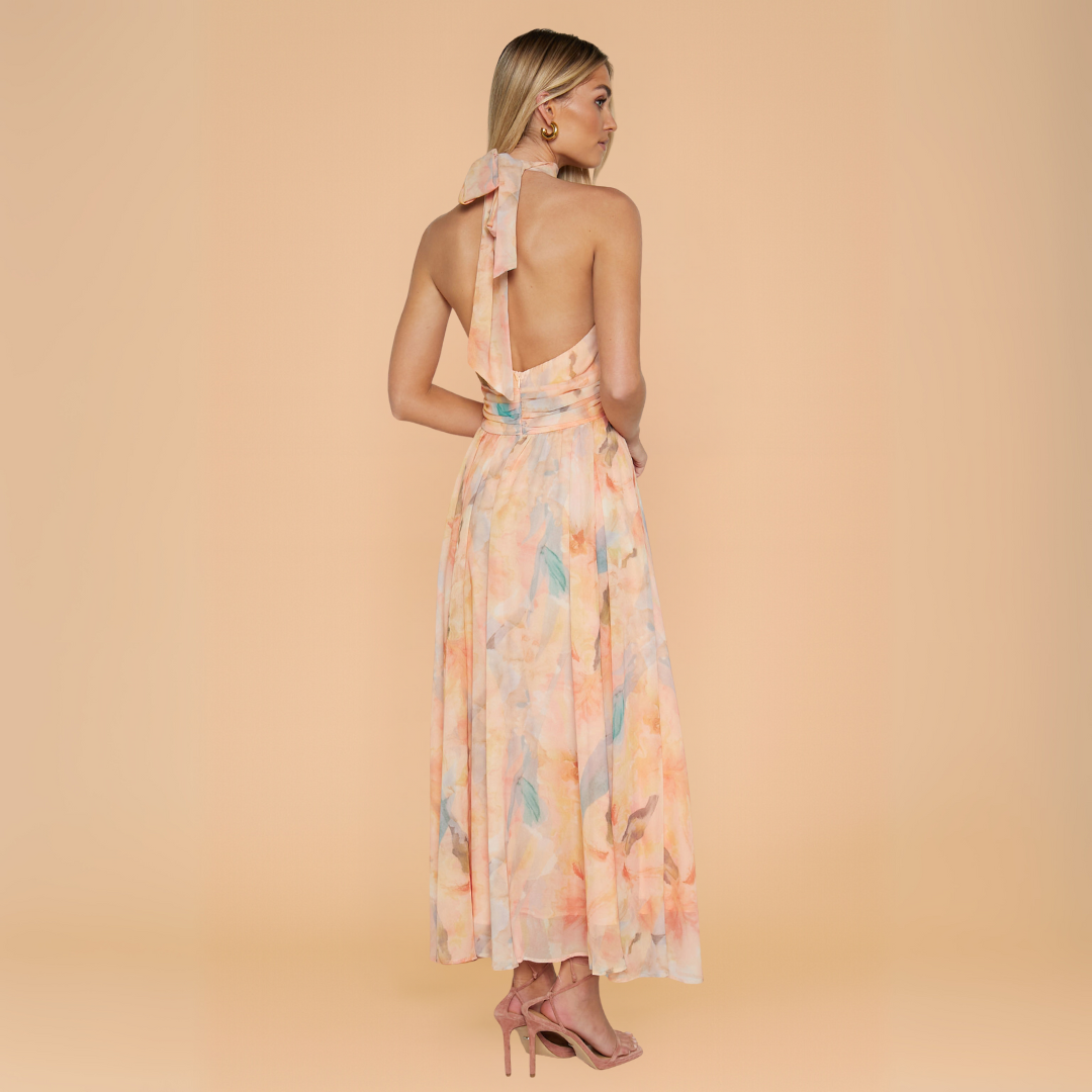 Maxi-jurk met Halternek en Aquarelprint – Elegante Zomerjurk met Vloeiende Pasvorm