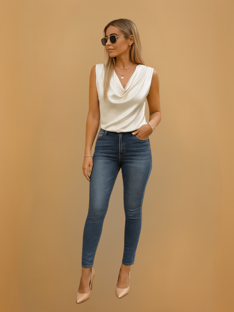 Elegante Mouwloze Satin Top met Watervalhals – Luxe Voor Dag & Avond