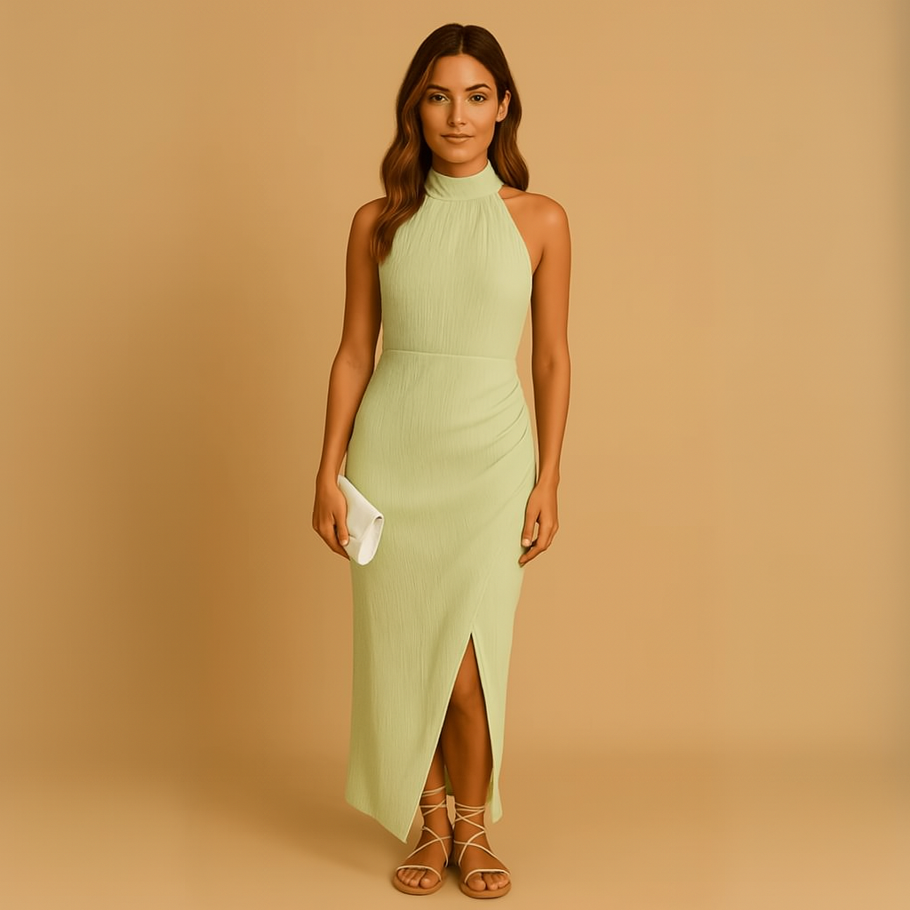 Elegante Satijnen Midi Jurk met Pofmouwen – Vloeiend & Vrouwelijk Avondlook