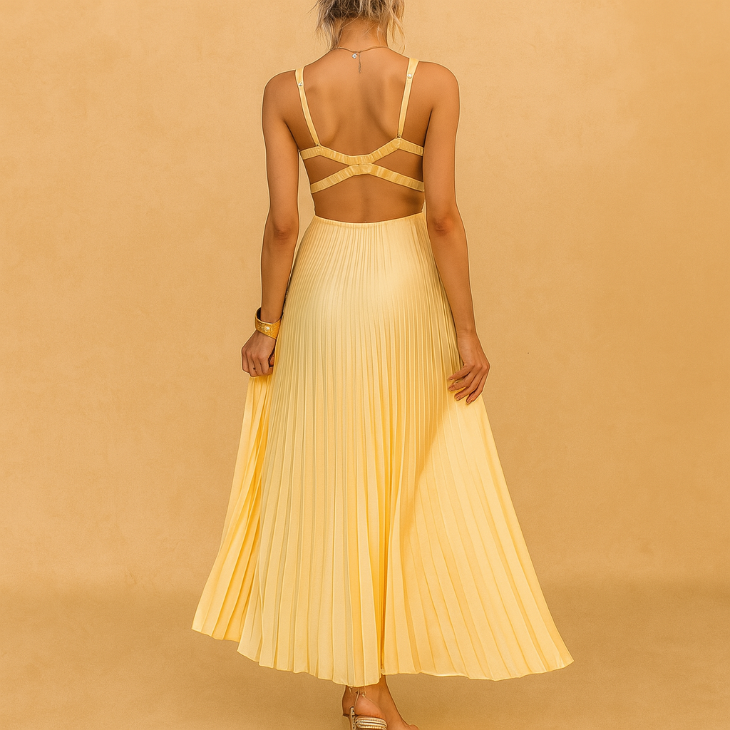 Gele geplooide V-hals maxi jurk - Elegante vloeiende zomerjurk voor vrouwen