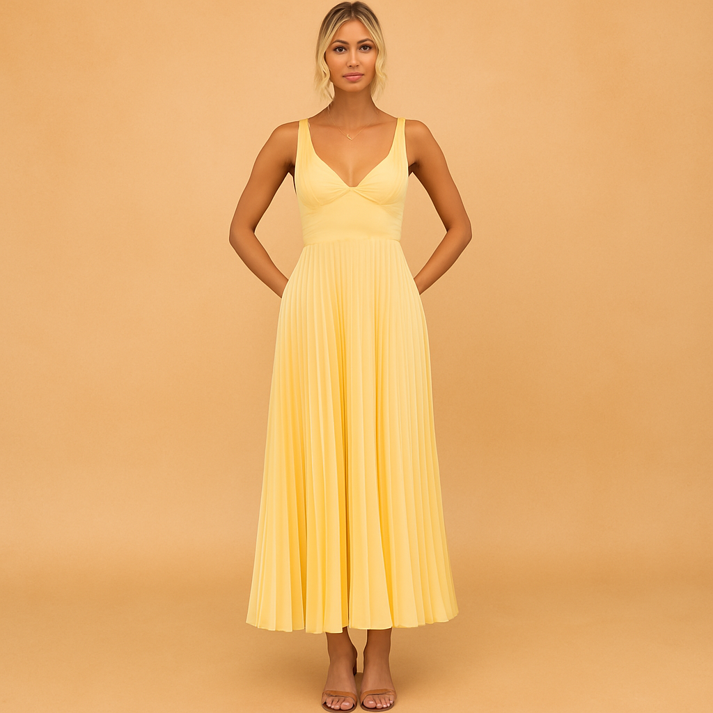 Gele geplooide V-hals maxi jurk - Elegante vloeiende zomerjurk voor vrouwen